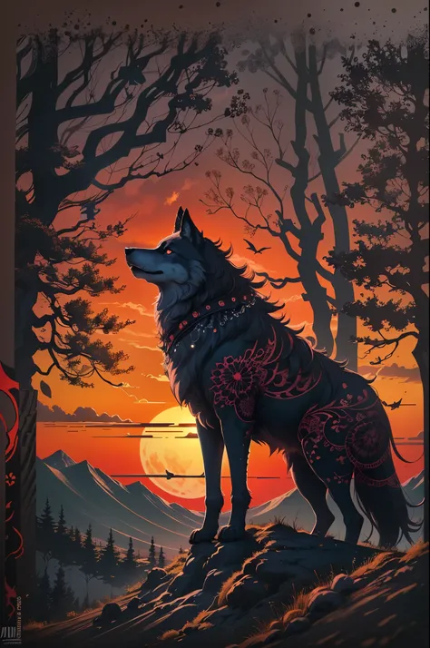 (best quality, highres, ultra-detailed), silhouette art, vibrant colors, detailed, shadowy silhouette of a lone wolf standing on a majestic mountain, sunset,