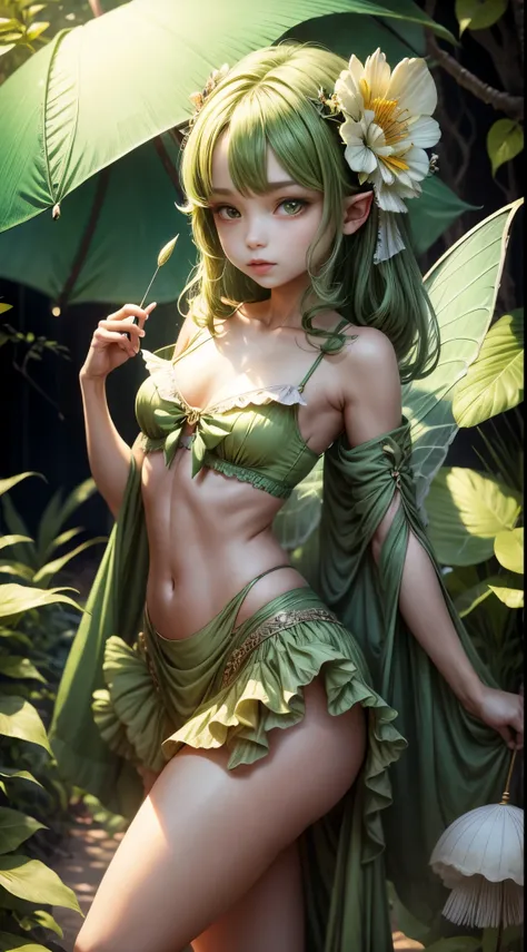 fairywith Insect wings that looks like a grasshopper holding a parasol green under clothes, bare midriff