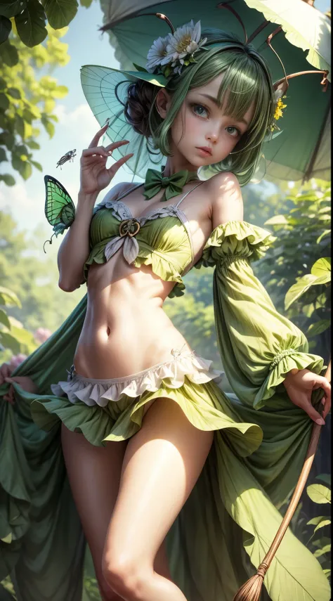 fairywith Insect wings that looks like a grasshopper holding a parasol green under clothes, bare midriff