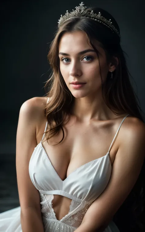 RAW, Nikon Z 85mm, award-winning glamour photography, ((best quality)), ((masterpiece)), ((realistic)), beautiful Slavic woman wearing soft V neck translucent dress, perfect breast, wearing a crown, 25 years old, studio shot, Fineart, fineart dark brown ba...