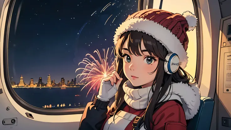 Lofi relaxes a brunette girl flying in a helicopter cabin wearing headphones, Watching in wonder through the window, Head against the window. winter night. Beautiful scenery of New York with the Statue of Liberty (fire works) in the night sky.. trip. touri...