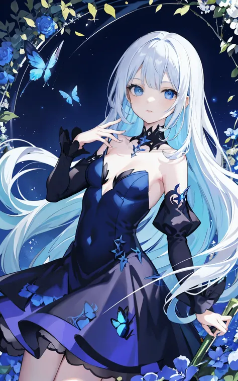 （（tmasterpiece：1.4，best quality））+，（Hyper-detailing）+，（Ultra-detailed eyes）+，
（Elegant One Girl），blue color eyes：1.15），white color hair，Very long hair，（wariza：1.2），paleskin，Keep your mouth shut，grieves，
（She wears a dress with blue vines intertwined with t...