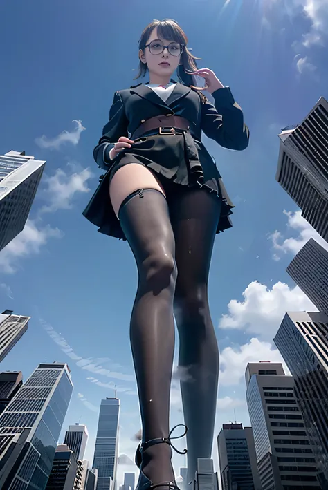 giantess art, a hyperrealistic, The woman wore an apron, no underwear, Super huge woman bigger than a skyscraper, wearing rimless glasses, huge tit, Navy blue blazer, Red tie, Mini Length Skirt, black pantyhose, Pantyhose sole, pantyhose toes, shoes are ta...