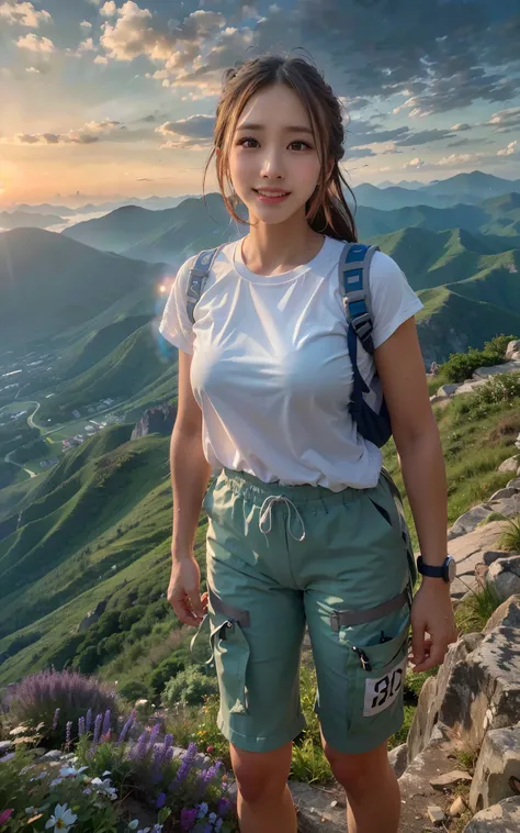 (best quality, hyper realistic photography), Magnificent mountain, sea of clouds, Woman watching sunset, selfie, ((Upper body)), white t-shirts, Trekking Shorts, trekking boots, rucksack,  (ultra-delicate face, Super Beautiful Maid, Super delicate eyes, su...