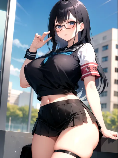 1girl,black hair, tight shirt,school uniforms,glasses,miniskirt,school,armband ,wide hips,coverd nipple