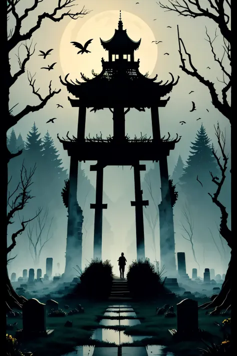 human skeleton silhouette，forest。grave stones。terror。 silhouette art。artistic creativity1.37。