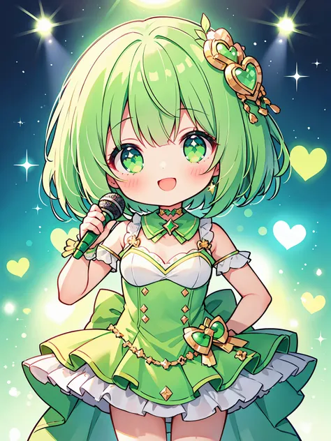 ​masterpiece, top-quality, 1girl in, short hair, , light green hair、eyes are emerald green、idol type、hold the microphone with bo...