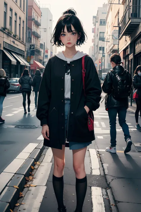 girl eyes looking，standing on the street