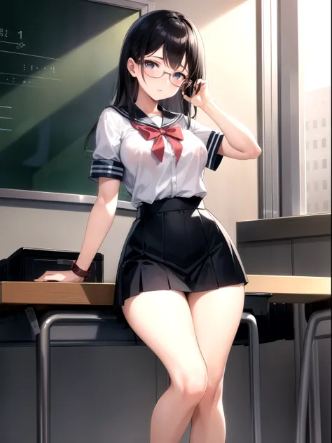 1girl,black hair, tight shirt,school uniforms,glasses,miniskirt,school,armband ,wide hips,coverd nipple