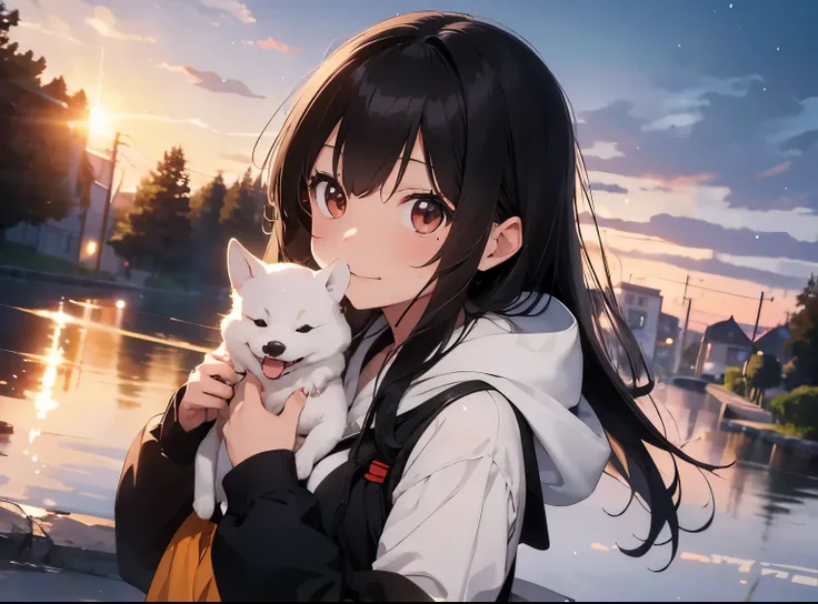 Cute illustration、(１black haired woman、length hair、slimming)、オリエンタルグリーンドラゴンKigurumi、Kigurumi、東洋の竜の角が付いたKigurumi、1Holding a white Shiba Inu、Sunrise