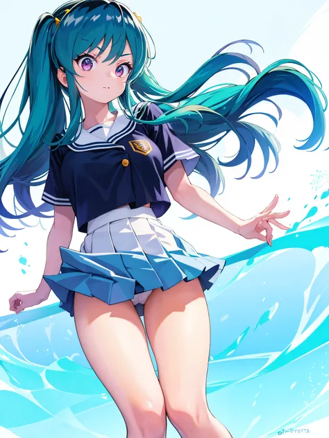 (1girl in),(high quality), (hight resolution), (Highly detailed), (in 8K),(lower body shot),Ram from Urusei Yatsura is wearing a transparent school uniform and a navy pleated skirt.),(Wearing black pantyhose)No shoes,perfect writing,(Beautifully erect nipp...