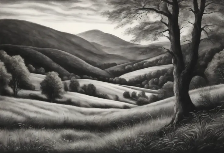 charcoal drawing, landscape with hills and deciduous forests