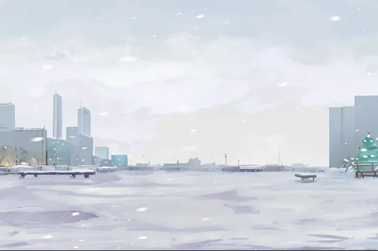 city snow scene，There is a bench and a bench in the foreground, factory background, snowy environment, It&#39;s snowing in the city，There&#39;s a lot of snow, Bleak cityscape background, Random background scene, Anime style cityscape, background artwork, (...