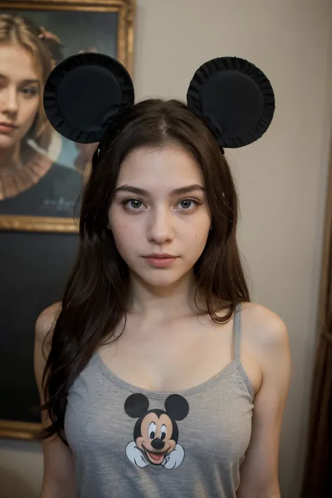 ((best quality)), ((masterpiece)), (detailed), 16k, masterpiece, perfect face, 18-year-old girl, Mickey Mouse head, mickey mouse costume, 