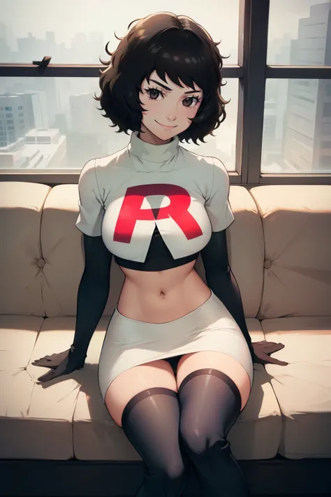 sadayokawakami,rocket,team rocket uniform, red letter R, white skirt,white crop top,black thigh-high boots,black elbow gloves, evil smile, look at viewer, sitting down legs crossed