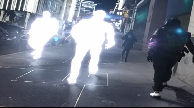 two glowing people walking down a city street at night with neon lights, distant glowing figures, human glowing, holy spirit light, spirit beings , glowing people, neon cybernetic implants, glowing cybernetic augments, human futuristic city, ghostly figure...