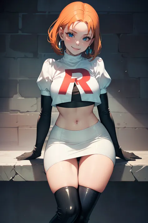 annette_war ,glossy lips, light makeup, eye shadow, earrings ,team rocket,team rocket uniform, red letter R, white skirt,white crop top,black thigh-high boots, black elbow gloves, evil smile, sitting down legs crossed