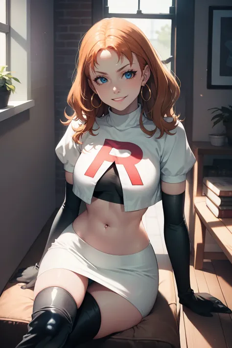 annette_war ,glossy lips, light makeup, eye shadow, earrings ,team rocket,team rocket uniform, red letter R, white skirt,white crop top,black thigh-high boots, black elbow gloves, evil smile, sitting down legs crossed