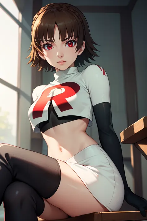 makoto nijima, blunt bangs, braid, brown hair, crown braid, (red eyes:1.3), short hair, ,glossy lips, light makeup ,team rocket,...