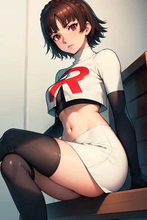 makoto nijima, blunt bangs, braid, brown hair, crown braid, (red eyes:1.3), short hair, ,glossy lips, light makeup ,team rocket,team rocket uniform, red letter R, white skirt,white crop top,black thigh-high boots, black elbow gloves,sitting down legs cross...