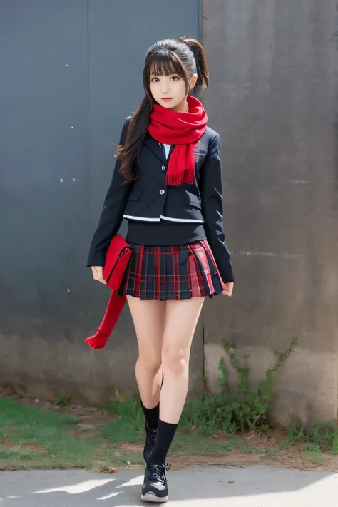 high school girl ninja、ninja style uniform（mini skirt）、Full body Esbian、、 、Red muffler