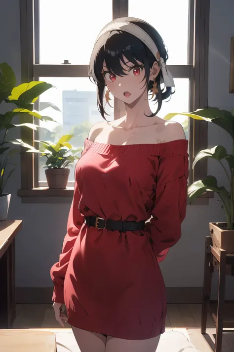 masutepiece, Yor, 1girl in, Solo, Looking at Viewer, Open mouth, Black hair, Red Eyes, Dress, Bare shoulders, Jewelry, 鎖骨, side locks, shairband, earrings, Indoors, off shoulders, :o, Sweaters, arms behind back, plant, short hair with long locks, white hai...