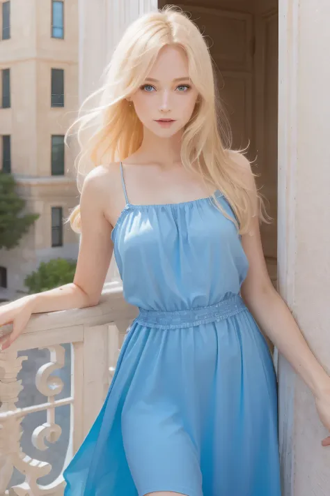 A very beautiful sexy girl on the balcony, blonde hair, blue eyes, dressed in a summer dress, contrasting light, bright colors, sunlight, high detail, --s sliced-of-life --c 10