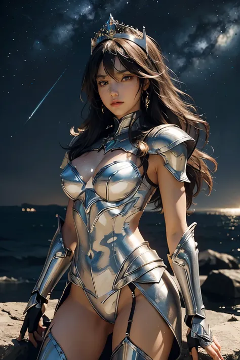 fully body photo，（best qualtiy）， （1girll）， starryskybackground, crown, wearing shiny gold armor， sexy lingerie type armor，expose...