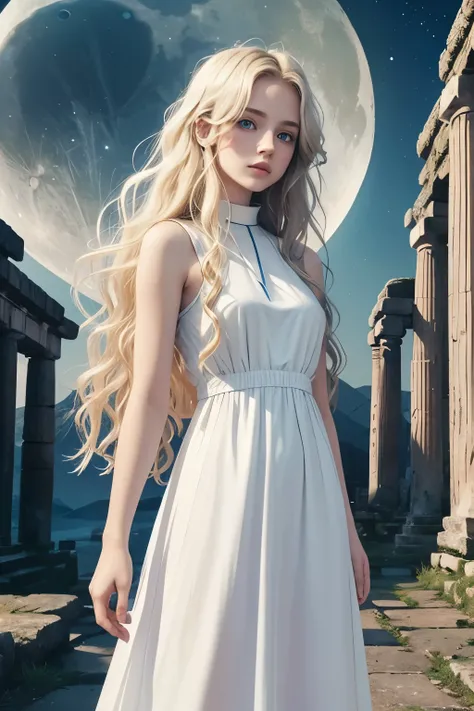 A 16 years old girl in a ancient setting. Cool. Kind. Friendly. Pale skin. Long wavy wild hair. Blonde hair. A round soft face and chin. Blue eyecolour. Soft lips. Wearing a transparent white dress. Priest of the moon. Background: A beautiful colourful lan...