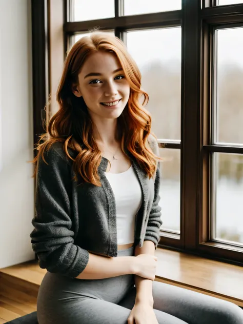 (1girl in, age19, Solo, Aesthetic artwork, irish redhead, wavy ginger hair, shoulder length ginger hair, light grey eyes, some small freckles, smiling, pale skin, A-cup, small breasts, runners body, (textured skin, skin pores:1.1), (moles:0.8), imperfect s...