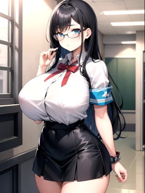 1girl,black hair,blue eyes,detailed eyes, tight shirt,school uniforms,glasses,miniskirt,school hallway,armband ,huge breasts,sagging breasts