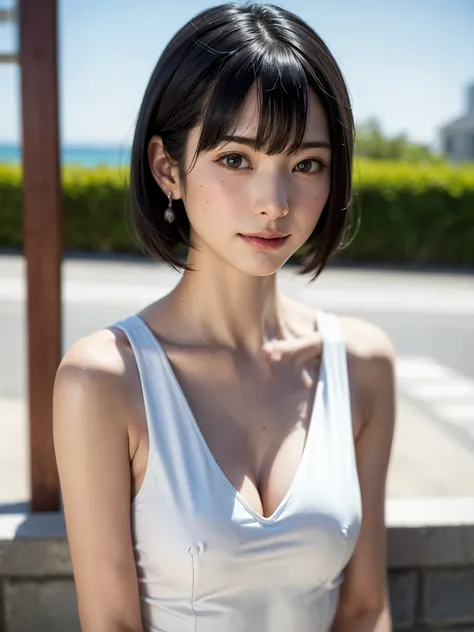 女の子1人、top-quality、Realistic、report、Depth of the bounds written、natural soft light、during daytime、魅惑的、beauitful face、cleanliness、pure face、white skin、cute hawk hair、bangs、beach、rays of sunshine、Nedium Breast Body Esbian、((Attractive see-through costume、黄金比b...