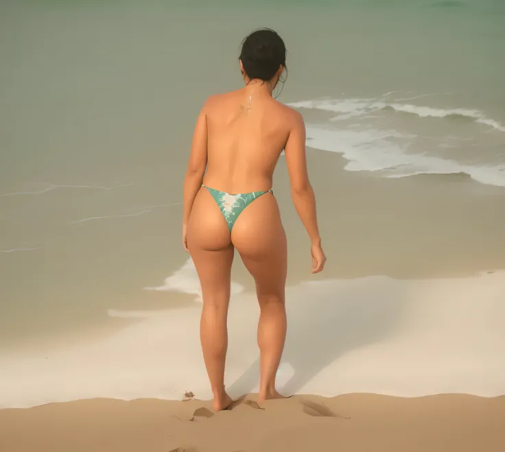 there is a woman in a bikini standing on the beach, Realistic bikini, no mar, standing na praia, na praia, mulher na praia, em uma praia, ao lado do oceano, inspirado em Stevan Dohanos, vista traseira, Olhando para o oceano, posando na praia, na praia, em ...