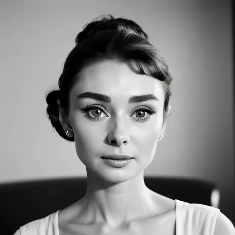 ((black and white filter)), AudreyHepburn, focus on eyes, close up on face,  short black hair styled cascading curls bun, portrait photo of a beautiful young actress: (AudreyHepburn is in the black and white Roman Holiday movie film), hotel room, Award - w...