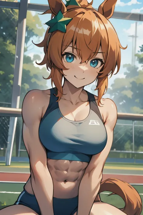 taiki shuttle(umamusume), masterpiece, best quality, ((ultra-detailed face)), symmetrical face, beautiful face, muscle, slender, abs, sports bra, horse tail, smile, athletics track, large tits, hand between legs