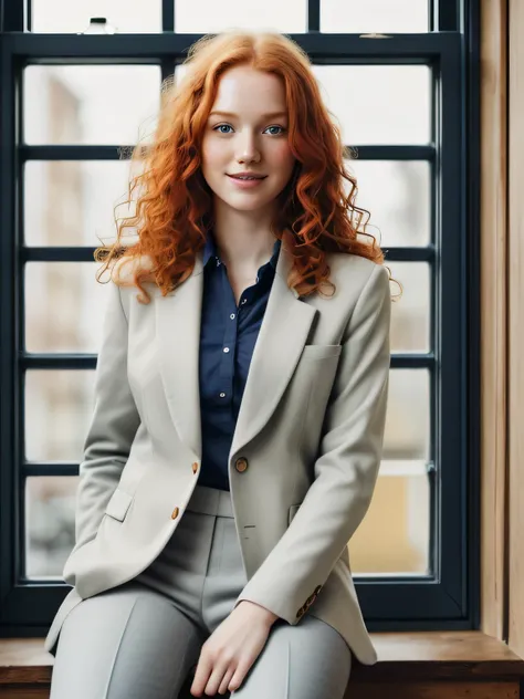 (1girl in, age21, Solo, Aesthetic artwork, irish redhead, wavy ginger hair, shoulder length ginger hair, light grey eyes, some small freckles, smiling, pale skin, B-cup, medium breasts, runners body, (textured skin, skin pores:1.1), (moles:0.8), imperfect ...