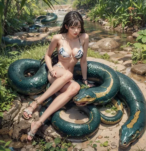 A beautiful girl who came to the river to play with the green snake