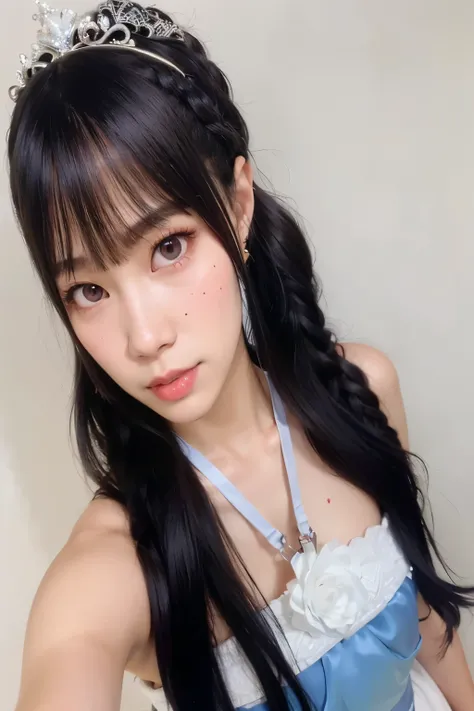 a close up of a woman wearing a tiara and a dress, lalisa manobal, the hime cut, ulzzang, shikamimi, white hime cut hairstyle, 奈良美智, chiho, belle delphine, by Ayami Kojima, with bangs, neat hair with bangs, lalisa manoban of blackpink