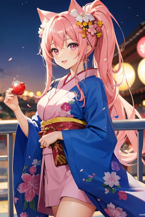 "anime girl, 1 person, pink hair, pink cat ears, pink eyes, kimono, cherry pink kimono, cherry blossom petal pattern on shirt, long stockings, big breasts, festival, New Years Eve fireworks, watching  fireworks, night, solo, looking from different directio...