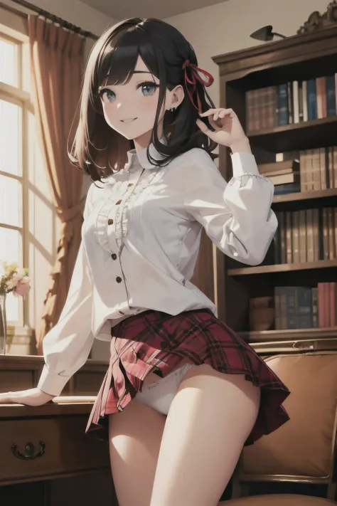 very cute and beautiful girl,(highly detailed beautiful face and eyes:1.2),(smile),cowboy shot, (white blouse with detailed frills),long sleeve BREAK (skirt lift,white panties),standing,stylish pose, dynamic angle,hair ribbon,black hair,hime cut,(scarlet p...