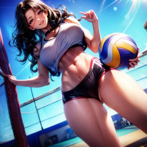 （8K ，Ultra-detailed，ultra real photo，Best masterpiece，natural，Perfect artwork，Perfect female body），Sexy female volleyball player、short black wavy hair、super fit volleyball uniform、low chest，Open collar，Wear volleyball shorts、an sexy、ssmile、Sexy pose on vol...