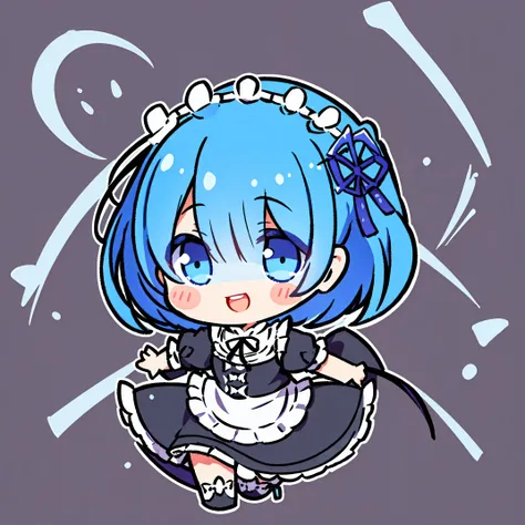 rem, hair over one eye, 1girl in,solo, black maid outfit, light blue background, facing the front, smile showing teeth,