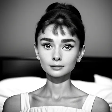 ((black and white filter)), Audrey Hepburn is a beautiful young actress who starred in the Roman Holiday film, focus on eyes, close up on face,  short black hair styled cascading curls bun, Audrey Hepburn portrait photo of a beautiful young actress: (Audre...