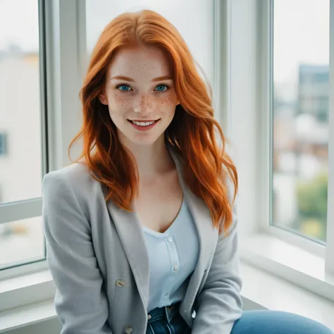 (1girl in, age 21, Solo, Aesthetic artwork, irish redhead, shoulder length hair, light grey eyes, some small freckles, smiling, pale skin, B-cup, medium breasts, runners body, (textured skin, skin pores:1.1), (moles:0.8), imperfect skin, goosebumps, wearin...