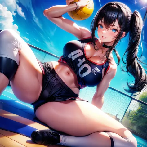 （8K ，Ultra-detailed，ultra real photo，Best masterpiece，natural，Perfect artwork，Perfect female body），Sexy female volleyball player、short black wavy hair、super fit volleyball uniform、low chest，Open collar，Wear volleyball shorts、an sexy、ssmile、Sexy pose on vol...