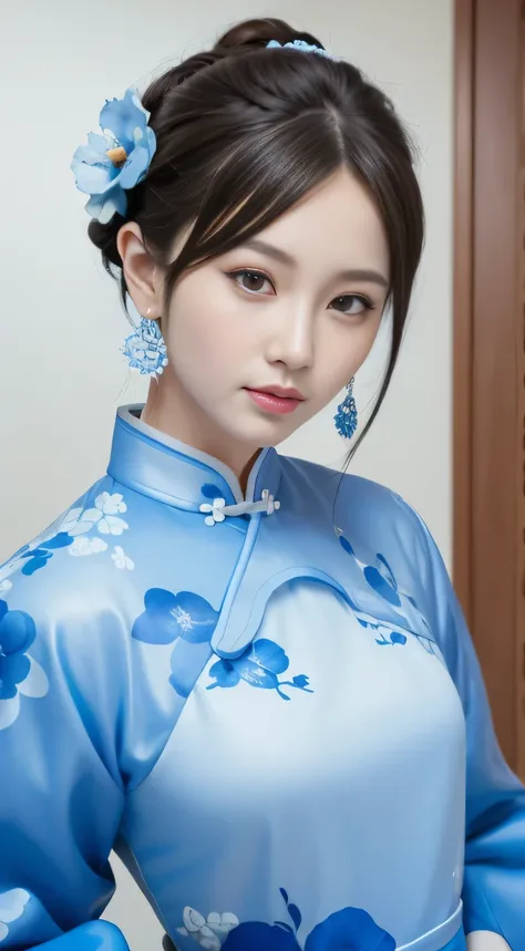 blue and white porcelain style，chinese cheongsam，blue and white cheongsam，ancient chinese art style，fashion model 18 years old [...