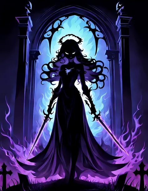 (((black light poster))), (((silhouette))) ((mesmerizing glowing silhouette with floating swords)), (((sly smile))), create a fascinating and mystical image ((side view of the body of the legendary vampire queen Lucretia)), flowing voluminous hair, aura of...