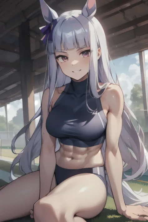 gold ship(umamusume), masterpiece, best quality, ((ultra-detailed face)), symmetrical face, beautiful face, slender, muscle, abs, athletics track, sports bra, horse tail, smile, large tits, narrow eyes, hand between legs