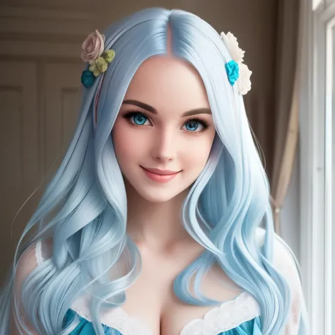 light blue hair-haired woman with a heart-shaped face and  apartment smiling Midshot of beautiful woman, french, 25 years old, (pale:1.5) skin, light-blue eyes, blond (straight:1.5) long hair, slim, lady, aristocrat, smiling, without makeup, from Victorian...