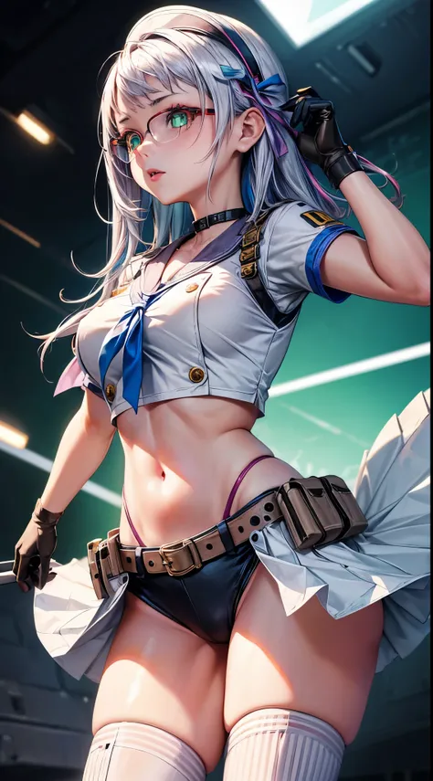 ((masterpiece)), (best quality), (detailed),(hires), (shining face, shining body), neonfx, neon_valorant, 1girl, solo, looking at viewer, blue eyes, blonde hair, gloves, navel, bare midriff, twintails, blue hair, multicolored hair, parted lips, black glove...